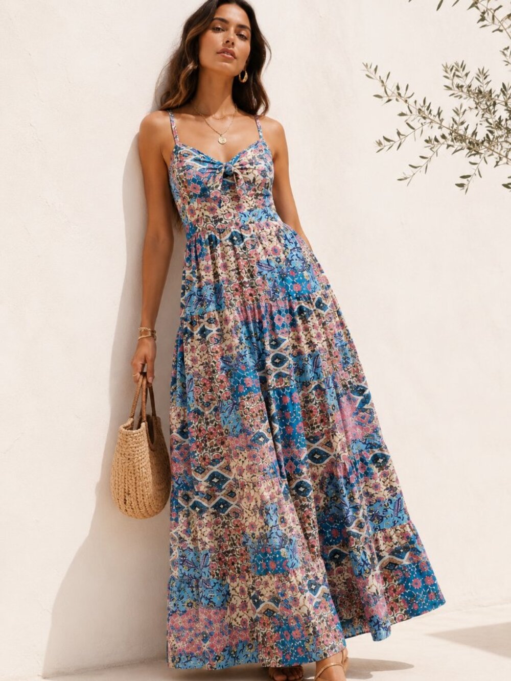 Eliza J Sweetheart Neckline Milkmaid Patchwork Boho Maxi Dress Size 12